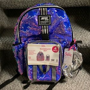 Girls Justice Backpack set. Includes backpack lunchbox and small case